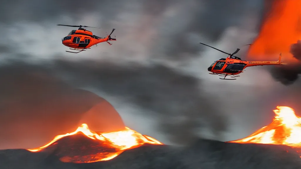 Image similar to person wearing a sponsored team jersey with logos jumping out of a helicopter with a surfboard into a volcano, action shot, dystopian, thick black smoke and fire, sharp focus