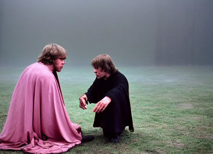 Prompt: Luke skywalker kneels before a strange jedi oracle, a mystic with infinite knowledge of time. in a foggy pink land. still from the 1983 film directed Stanley Kubrick, Photographed with Leica Summilux-M 24 mm lens, ISO 100, f/8, Portra 400