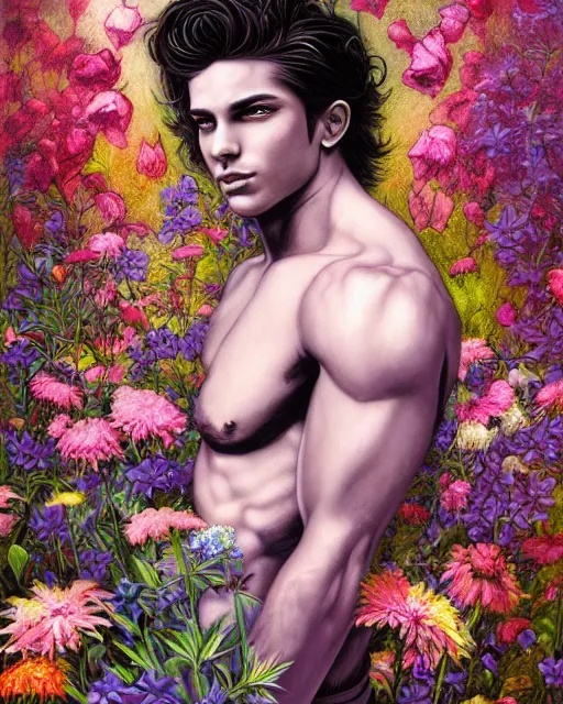 Prompt: a painting of a beautiful man surrounded by flowers, an ultrafine detailed painting, by mark brooks, centered full body, featured on deviantart, fantasy art, detailed painting, deviantart, anime