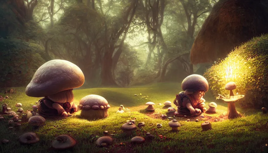Image similar to dwarf resting under mushroom, by ilya kuvshinov, rtx rendering, octane render 1 2 8 k, maya, extreme high intricate details by tom bagshaw, medium shot, close up shot, composition by sana takeda, lighting by greg rutkowski