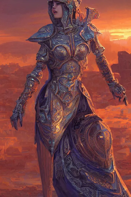 Image similar to portrait knights of Zodiac girl, metalic orange and dark blue reflected armor, in ruined Agora of Athens sunrise, ssci-fi, fantasy, intricate, very very beautiful, elegant, golden light, highly detailed, digital painting, artstation, concept art, smooth, sharp focus, illustration, art by tian zi and WLOP and alphonse mucha