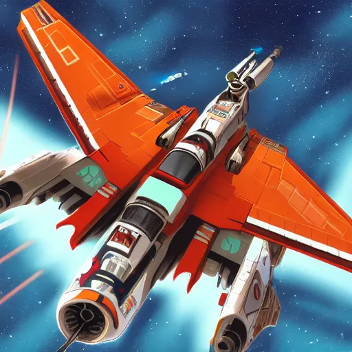 Image similar to A Shiba Inu piloting an X-Wing, engaged in a vicious dogfight, digital art