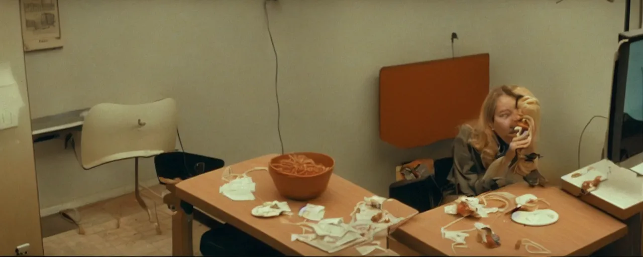 Prompt: security cam footage of someone eating spaghetti at their cubicle alone, kodachrome, in the style of wes anderson, retro!!! no!!! repeat!!!