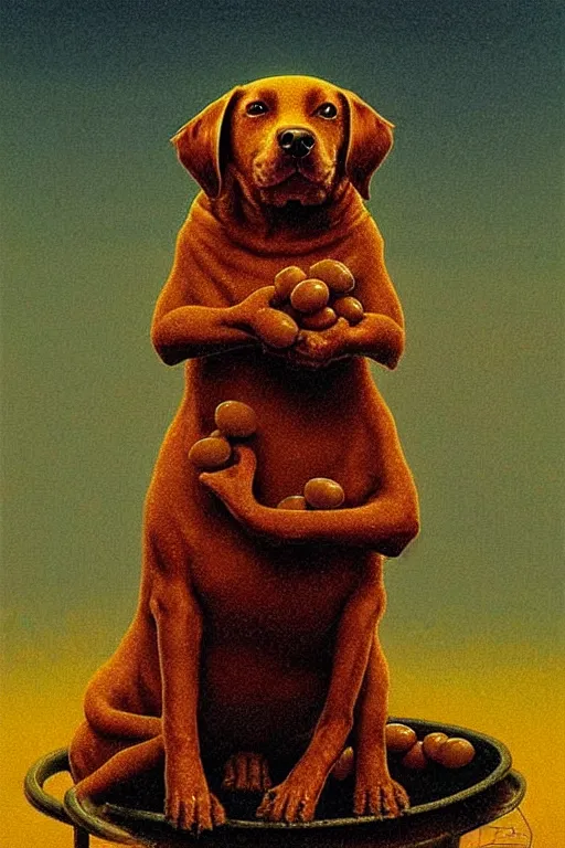 Image similar to painting of a very cute dog fused with british baked beans, dog is made of baked beans, baked bean skin texture, by zdzislaw beksinski, by dariusz zawadzki, by wayne barlowe, gothic, surrealism, cosmic horror, lovecraftian, cold hue's, warm tone gradient background, concept art, beautiful composition