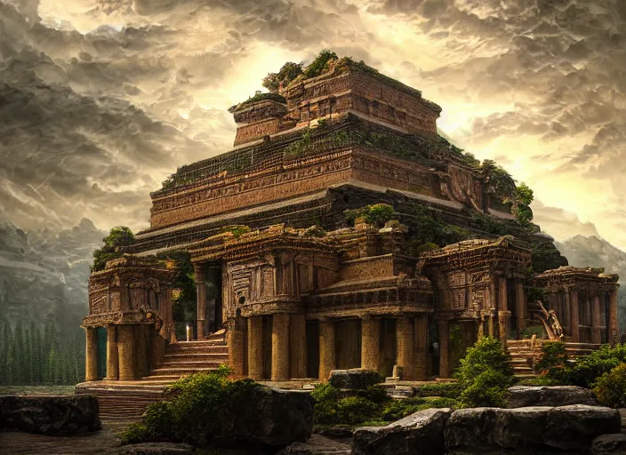 Image similar to The temple of the gods of nature, intricate details, vast open interior, amazing and tall waterfalls, dramatic lighting, digital art, trending on Artstation, dark, hyper-realistic, detailed