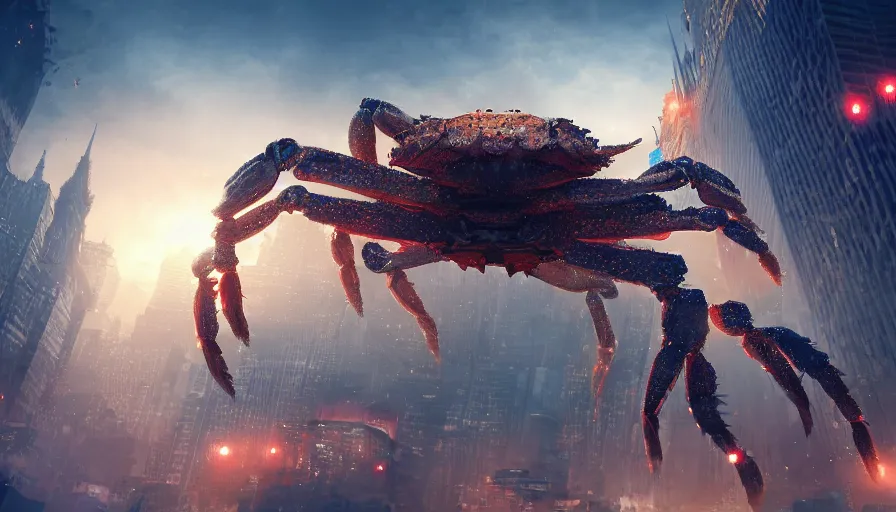 Prompt: Intricate detailed illustration, giant humanoid crab attacking a city, wide angle, volumetric light scattering, 8k, artstation, concept art,