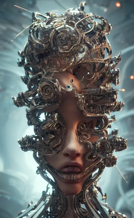 Image similar to beautiful impish biomechanical incredible technological hair, masterpiece crystalline incrustations, hyperdetailed face, elegant pose, movie still, intricate, octane render, cinematic lighting, cgsociety, unreal engine,