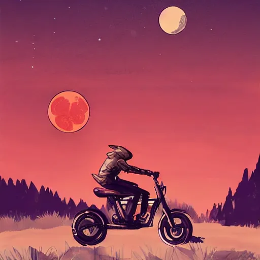 Prompt: bunny wearing a leather jacket riding a motorbike during sakura season on a blood moon by simon stalenhag, rule of thirds, dynamic pose, action pose, beautiful landscape