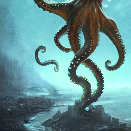 Prompt: ted cruz morphing into a slimy octopus monster and destroying a city, greg rutkowski, trending on artstation,