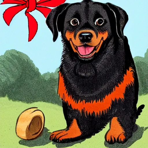 Image similar to Rottweiler wearing caveman attire, cartoon