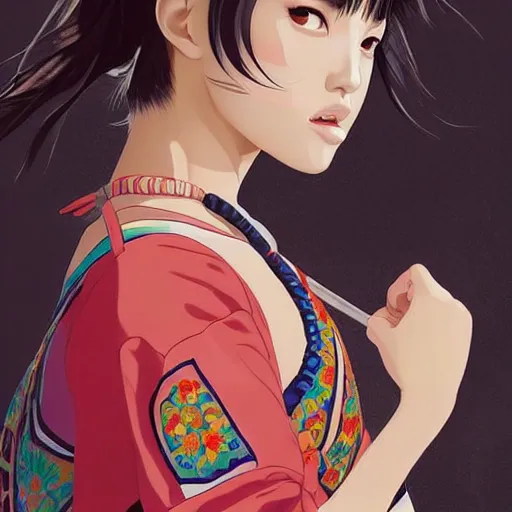 Image similar to a beautiful young japanese natalie portman alluring gravure model, stylized concept art, wearing elegant designer bomber jacket and one piece bikini, bomber jacket with mesoamerican patterns, mesoamerican native street fashion, princess mononoke, painted by ilya kuvshinov aesthetic, gorgeous, stunning, alluring, attractive, artstation, pinterest, digital art