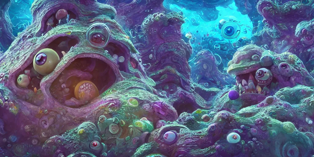 Image similar to of an intricate sea reef with strange cute friendly happy creatures with huge eyes, mouth, long tongue, round teeth and goofy face, appearing from the background, in the style of gehry and gaudi, macro lens, shallow depth of field, ultra detailed, digital painting, trending artstation, concept art, illustration, cinematic lighting, photorealism, epic, octane render