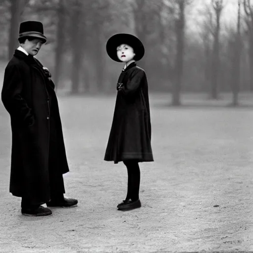 Prompt: a thin man in a black coat and bowler hat talks with small young girl who is dressed in a red coat and a red hat, park, autumn, 1923, wide angle, high detail, in style of Pierre-Auguste Renoir, 8k, width 768