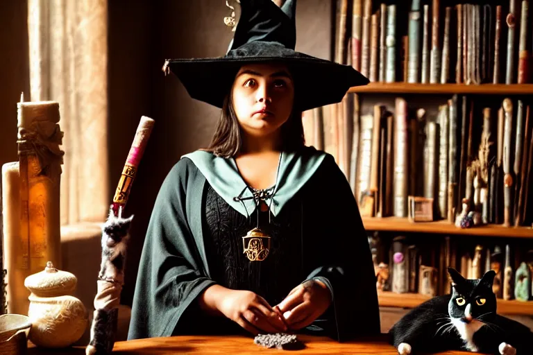 Prompt: 2 0 2 2 photo, close up portrait, dramatic lighting, concentration, calm confident hispanic teen witch and her cat, tarot cards displayed on the table in front of her, sage smoke, magic wand, a witch hat and cape, apothecary shelves in the background, still from harry potter, alphonse mucha