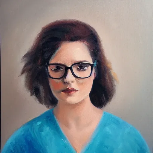 Prompt: oil painting portrait of a beautiful woman wearing large, big, nerdy glasses, 4k