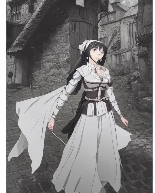 Prompt: key anime visual portrait of a young female walking through a medieval village, perfect anime face, dynamic pose, dynamic perspective, detailed silhouette, detailed, intricate