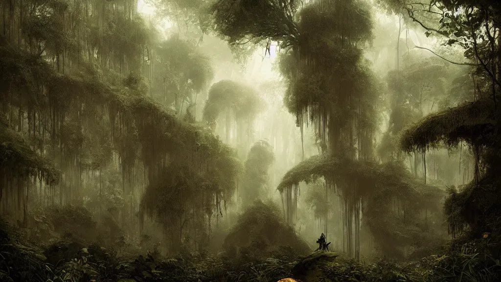 Image similar to dangerous jungle. edward gorey, andreas achenbach, artgerm, mikko lagerstedt, zack snyder, tokujin yoshioka