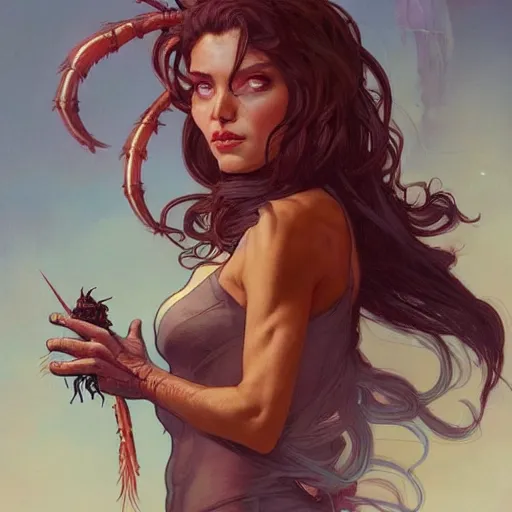 Image similar to A portrait painting of a spider woman with giant spider legs and hair needles crawling out of a volcano, illustration, detailed, award-winning, trending on artstation, by artgerm and Greg Rutkowski and Alphonse Mucha H-768