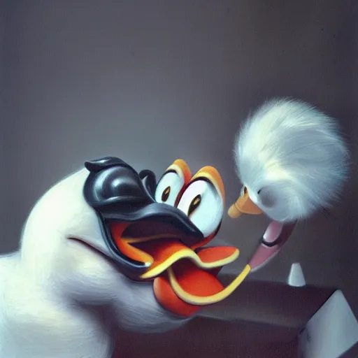Prompt: donald duck eating a pig, real life, photorealistic, 3 d, giger