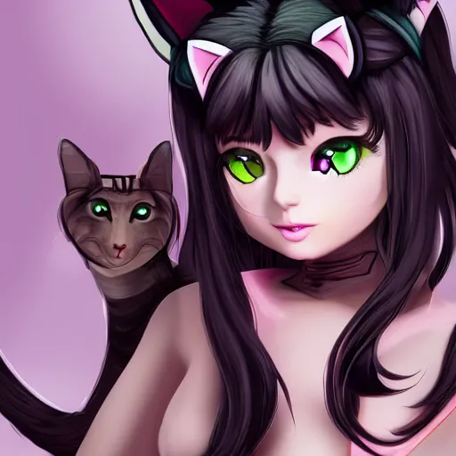 Image similar to gamer girl with cat ears, high detailed, hugh resolution, realistic