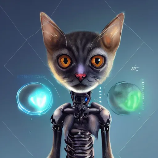 Prompt: cute furry anthropormorphic alien cat cyborg creature with big eyes, character concept detailed painting 4 k