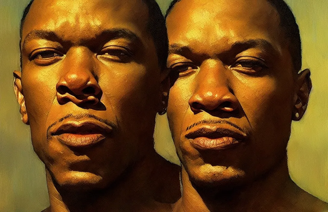 Image similar to portrait of dr dre!!!!!!!!!!!!!!!!!!!!!!!!!!!, detailed face, detailed painting,, epic lighting, by ilya repin, phil hale and kent williams