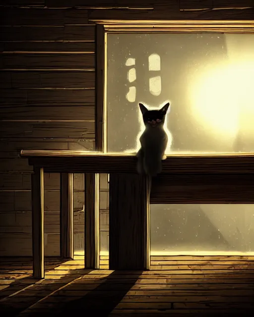 Image similar to style : disco elysium. composition : medium shot. style : digital art ; detailed ; menacing ; 4 k. scenery : the inside of a dark barn ; a faint ray of light is shining through a crack in the planks. subject : a cat hiding behind a workbench ; dark hair ; wearing a white dress.