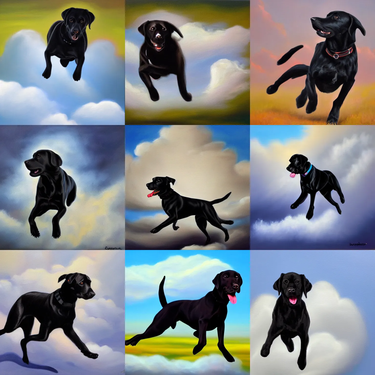 Prompt: A black Labrador Retriever prancing through the clouds, oil painting