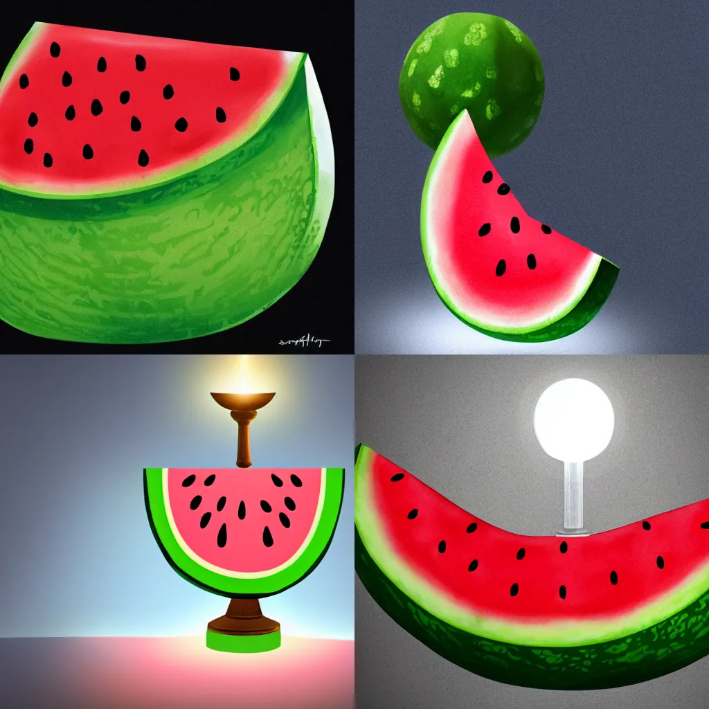 Prompt: A big juicy watermelon on a pedestal with a light shining down upon it, concept art