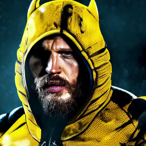 Image similar to Tom Hardy in yellow wolverine suit Digital art 4K quality