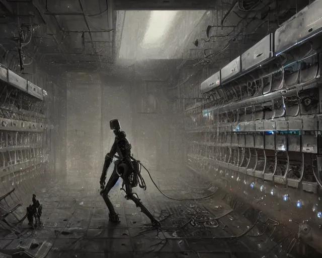 Image similar to gloomy colossal ruined server room in datacenter robot figure automata headless robot knight welder posing pacing fixing soldering mono sharp focus, emitting diodes, smoke, artillery, sparks, racks, system unit, motherboard, by pascal blanche rutkowski artstation hyperrealism painting concept art of detailed character design matte painting, 4 k resolution blade runner