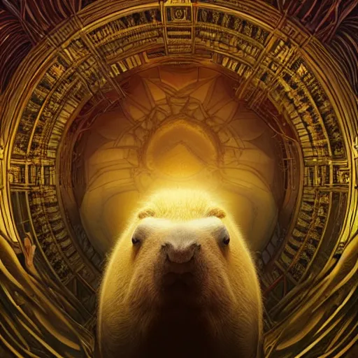 Prompt: capybara surrounded by sacred geometry made from elven architecture, gorgeous, powerful, cinematic, beautifully lit, by artgerm, by karol bak, 3 d, trending on artstation, octane render