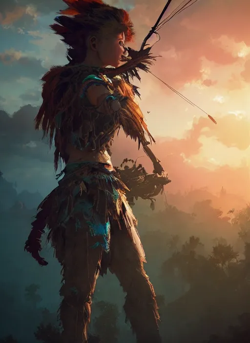 Prompt: !dream Aloy from Horizon Zero Dawn silhoutte, female archer, atmospheric environment, Character Design, demonic presence, Holy Heavenly Host Divine Angelic Army. Beeple, grimshaw, thomas cole, ismail inceoglu, winslow homer, greg rutkowski, gerald brom, marc simonetti, simon stalenhag, anton fadeev, donglu yu