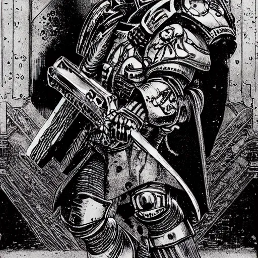 Prompt: a beautifully detailed Warhammer 40k Inquisitor Portrait. Pen and ink by moebius.