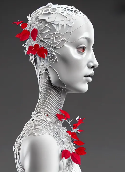 Image similar to complex 3d render ultra detailed of a beautiful porcelain profile young woman face, biomechanical cyborg, 200 mm lens, beautiful studio soft light, rim light, silver white gold red details, magnolia big leaves achromatic and stems, roots, fine foliage lace, mesh wire, Alexander Mcqueen high fashion haute couture, art nouveau fashion embroidered, intricate details, hyper realistic, ultra detailed, mandelbrot fractal, anatomical, facial muscles, cable wires, microchip, elegant, octane render, H.R. Giger style, 8k post-production, trending on Artstation