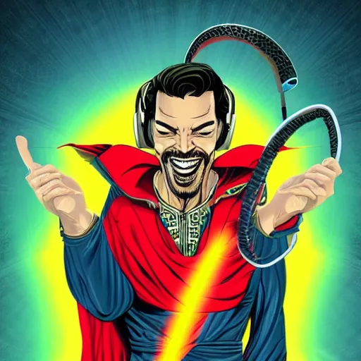 Image similar to artgerm, psychedelic laughing cybertronic dr. strange, rocking out, headphones dj rave, digital artwork, r. crumb, svg vector