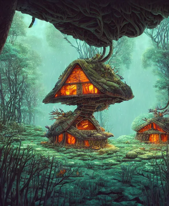 Image similar to a whimsical cabin made from isopods, overgrown with huge rare fungus, deep in the woods, by dan mumford, yusuke murata, makoto shinkai, ross tran, underwater, hellish, cinematic, unreal engine, cel shaded, featured on artstation, pixiv