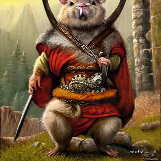 Prompt: cartoon illustration of a hamster dressed as a viking jarl, by Ted Nasmith and by Joe Jusko, 4K, trending on ArtStation, sfumato, centered