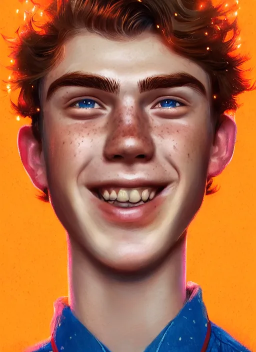 Image similar to portrait of teenage archie andrews, freckles, curly middle part haircut, curly hair, smiling kindly, intricate, elegant, glowing lights, highly detailed, digital painting, artstation, concept art, smooth, sharp focus, illustration, art by wlop, mars ravelo and greg rutkowski