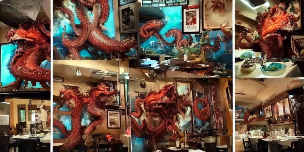 Image similar to photo of chubby godzilla eating octopus monster, in an epic kaiju restaurant willed with framed pictures of past monsters