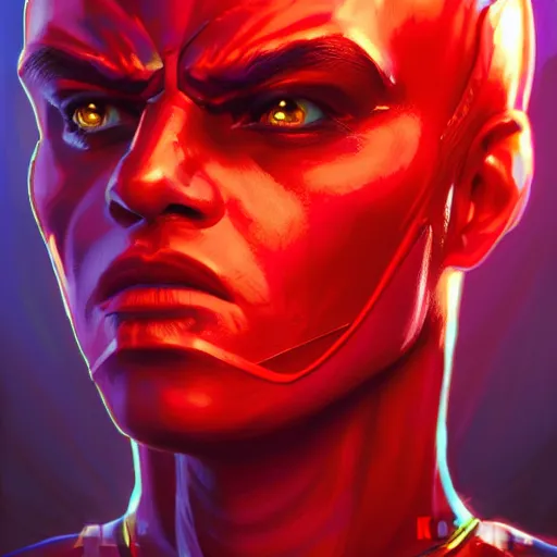 Image similar to Bright, bloodred-colorful, realistic Cyber-roman rpg single individual headshot dramatic backlighting, kodachrome, high contrast, highly detailed, sharp focus, digital painting, concept art, illustration, trending on artstation, comic book by Alex Ross cover art