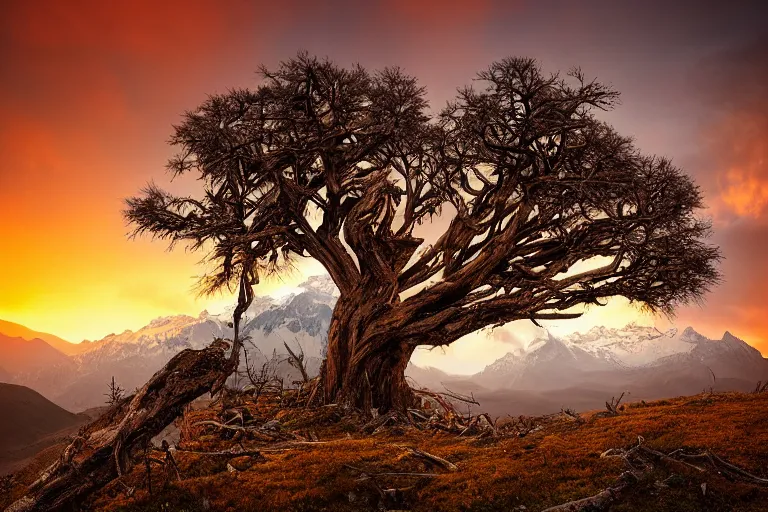 Image similar to A beautiful landscape photography of Caucasus mountains, a dead intricate tree in the foreground, sunset, dramatic lighting by Marc Adamus,