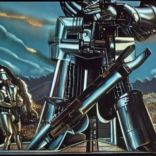 Image similar to 1 9 8 0's heavy metal album art, a shiny reflective detailed chrome android holding a giant rifle - style blaster rifle designed by ridley scott inside a 1 9 8 0's mall