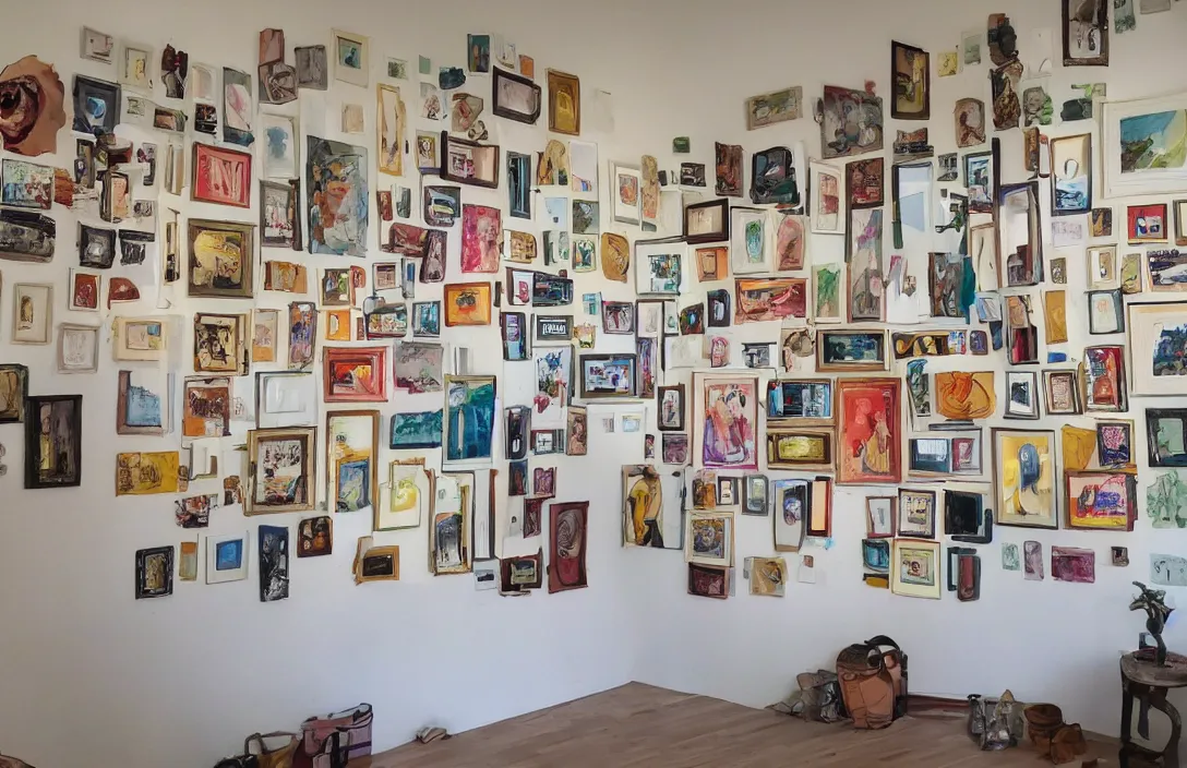 Prompt: wall full of beautiful paintings