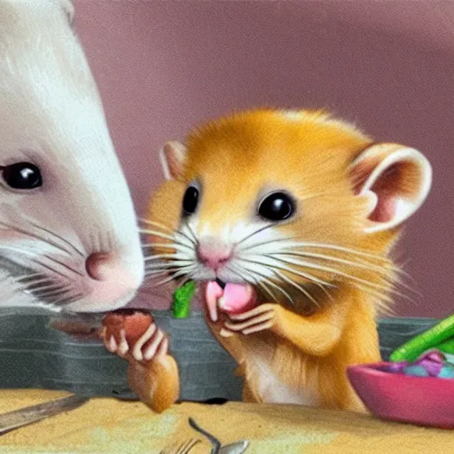 Prompt: a cute animated ferret eating chicken