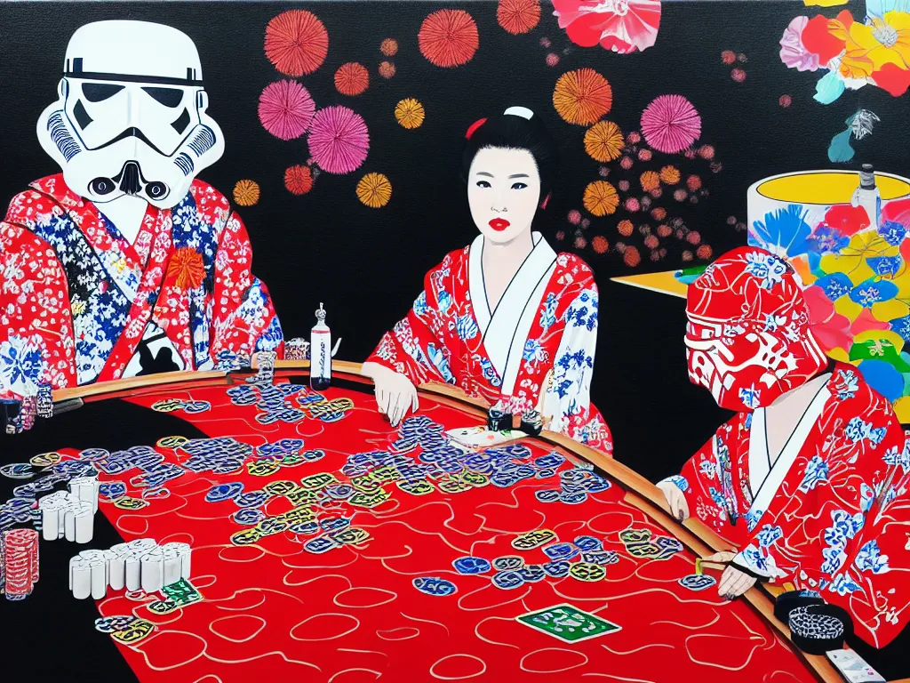 Image similar to hyperrealism composition of the detailed single woman in a japanese kimono sitting at an extremely detailed poker table with stormtrooper, fireworks, river on the background, pop - art style, jacky tsai style, andy warhol style, acrylic on canvas