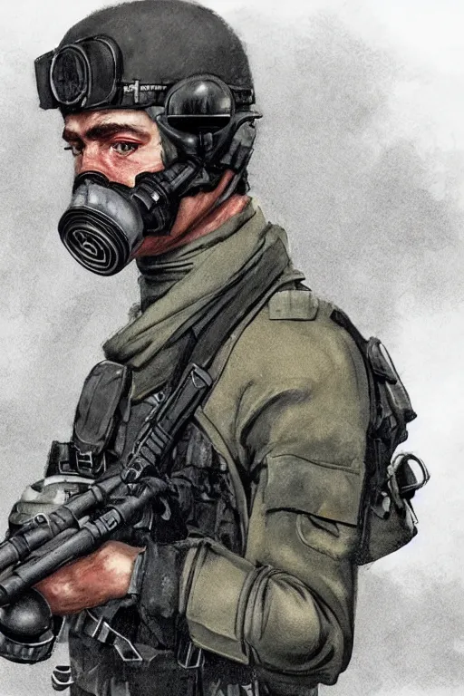 Image similar to british sas operative with the standard s 1 0 gas mask and the black uniform, 8 0 s, artstation, trending on artstation, establishing shot