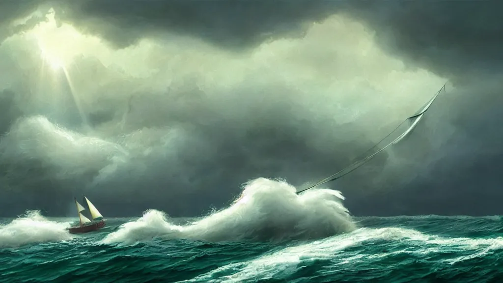 Image similar to a gigantic cat bursting out of a stormy sea attacking a small sail boat, wet fur, giant waves, sunbeams in background, intricate, detailed, volumetric lighting, sharp focus, scenery, photorealism, digital painting, highly detailed, concept art, by roger dean and simon stalenhag and mark brooks