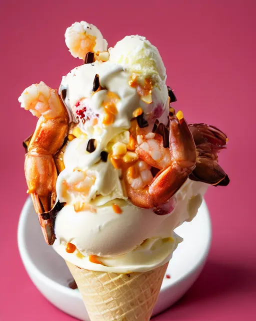Image similar to dslr food photograph of an ice cream sundae with shrimps on. vanilla icecream, 8 5 mm f 1. 4