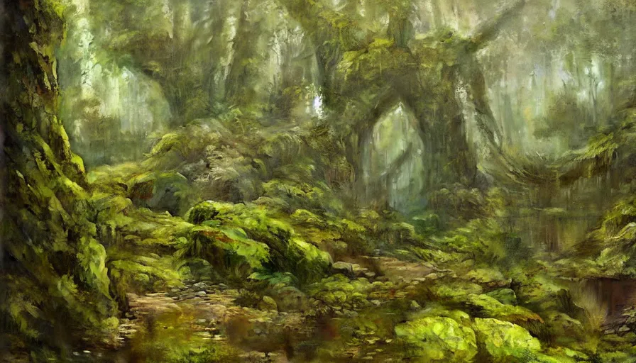 Image similar to ancient forest, mossy rocks, waterfall, intricate, vivid colors, brush strokes, elegant, highly detailed, richard schmid, john park, ruan jia, jeffrey catherine jones